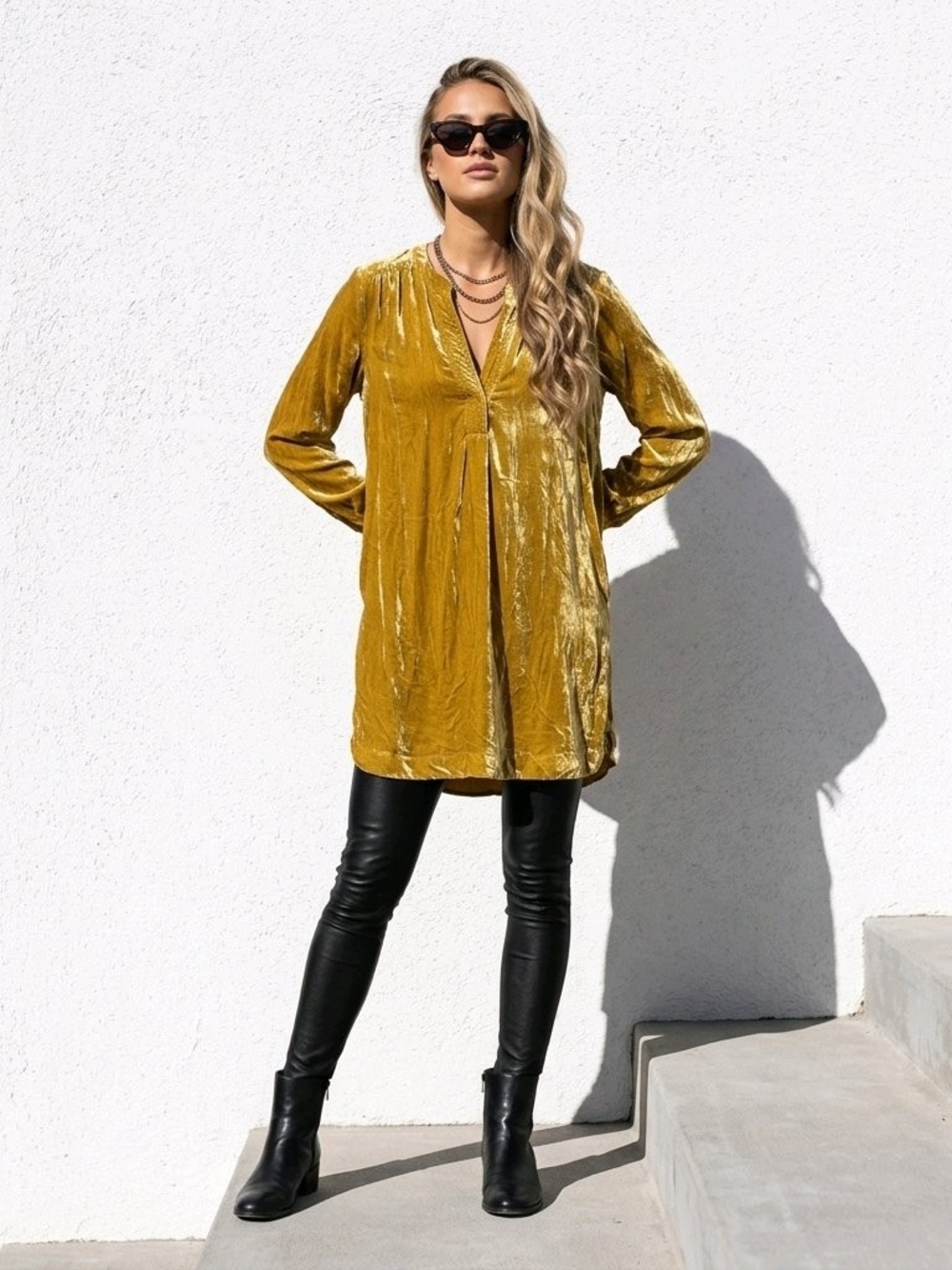 ANTHROPOLOGIE Velvet V-Neck Long Sleeve Tunic in Mustard